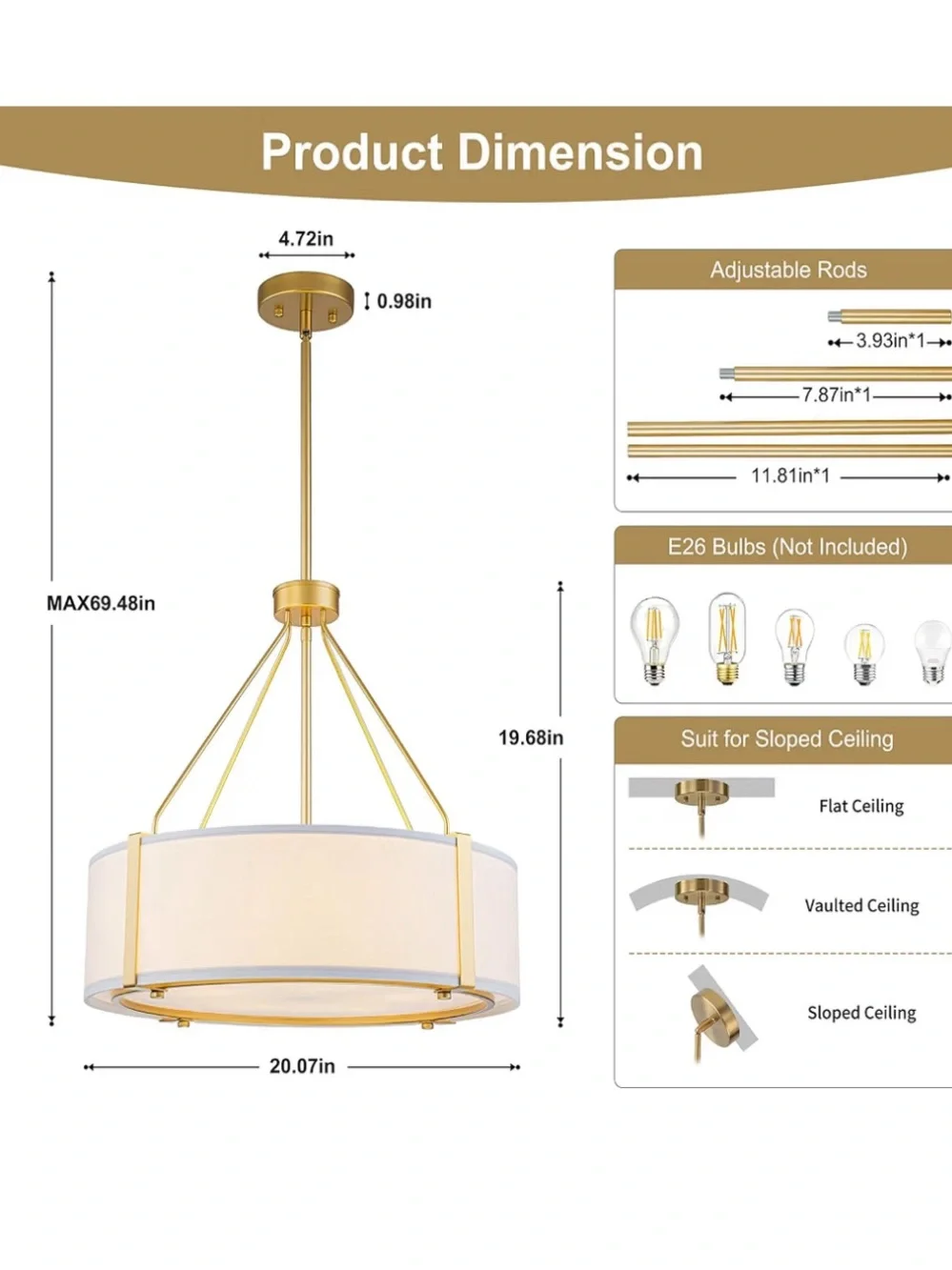 NIB 20'' Gold Drum Chandelier Modern Dining Room Light Fixture White Fabric
